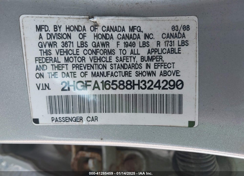 2008 HONDA CIVIC LX VIN: 2HGFA16588H324290