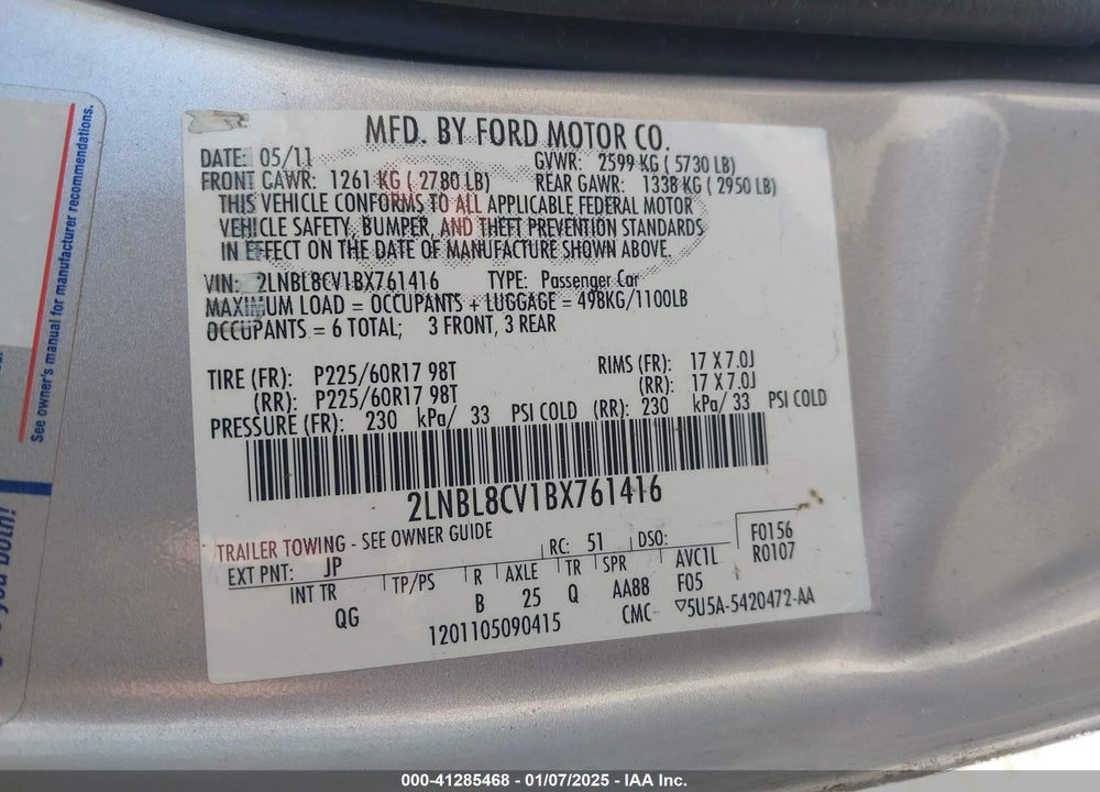 2011 LINCOLN TOWN CAR SIGNATURE LIMITED VIN: 2LNBL8CV1BX761416