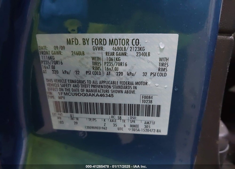 2010 FORD ESCAPE XLT VIN: 1FMCU9DG0AKA46345