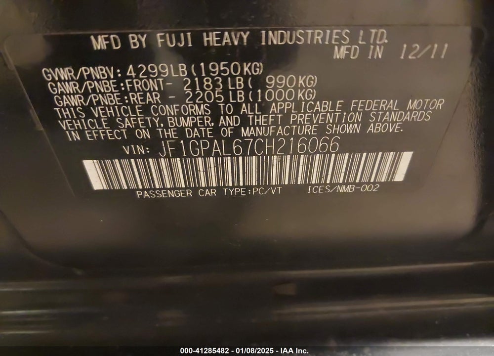 2012 SUBARU IMPREZA VIN: JF1GPAL67CH216066