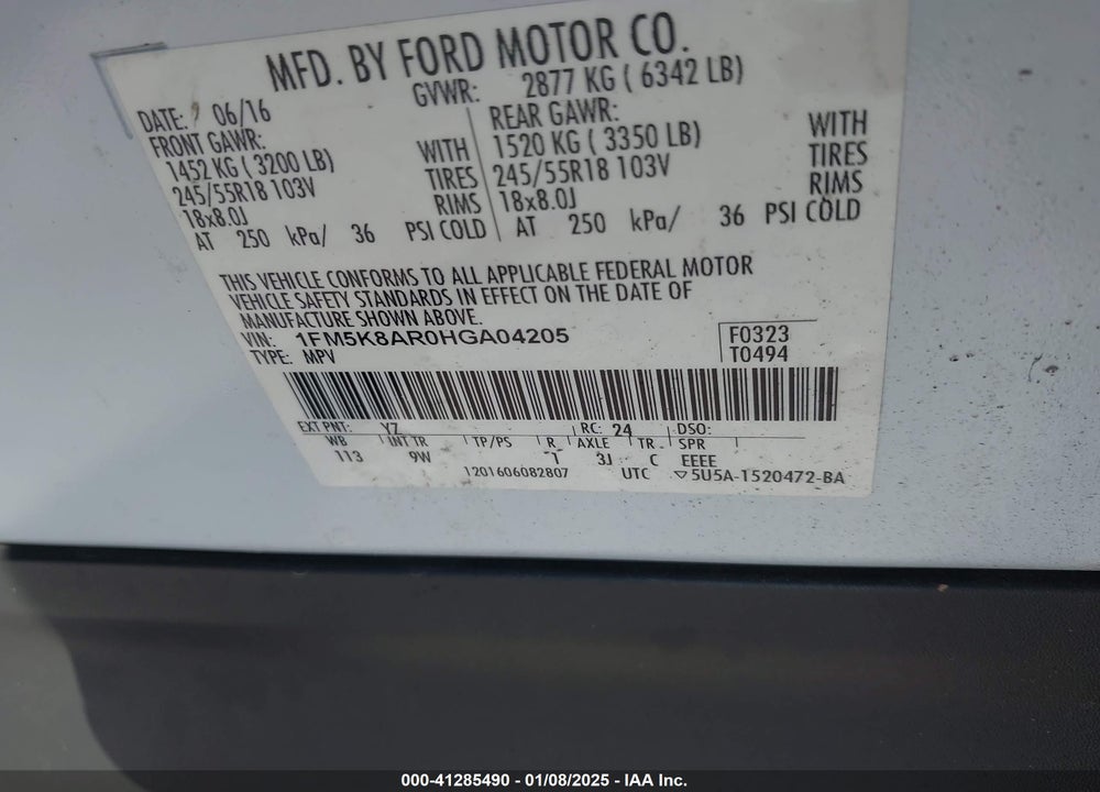 2017 FORD POLICE INTERCEPTOR VIN: 1FM5K8AR0HGA04205