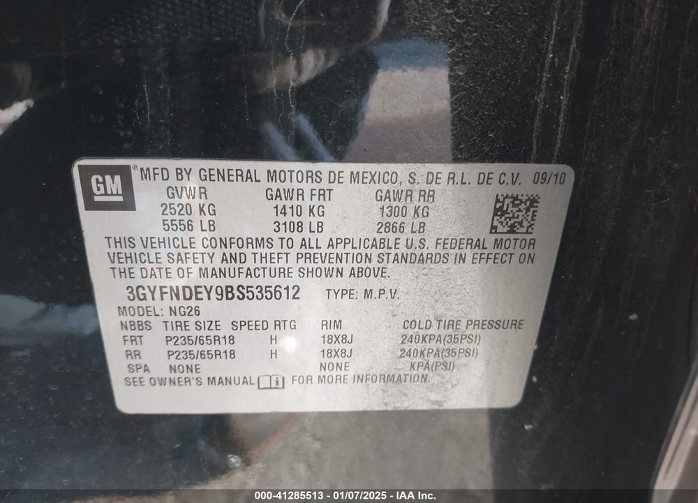 2011 CADILLAC SRX LUXURY COLLECTION VIN: 3GYFNDEY9BS535612