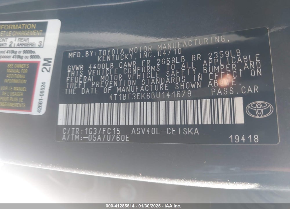 2011 TOYOTA CAMRY SE VIN: 4T1BF3EK6BU141679