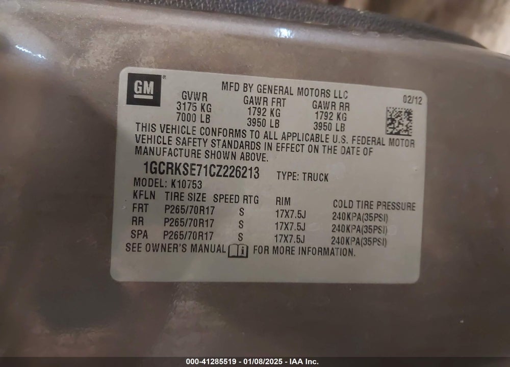 2012 CHEVROLET SILVERADO 1500 VIN: 1GCRKSE71CZ226213
