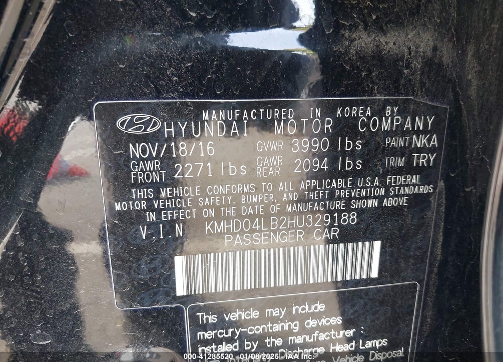 2017 HYUNDAI ELANTRA VIN: KMHD04LB2HU329188