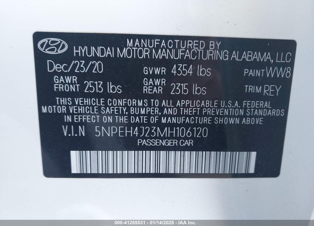 2021 HYUNDAI SONATA VIN: 5NPEH4J23MH106120