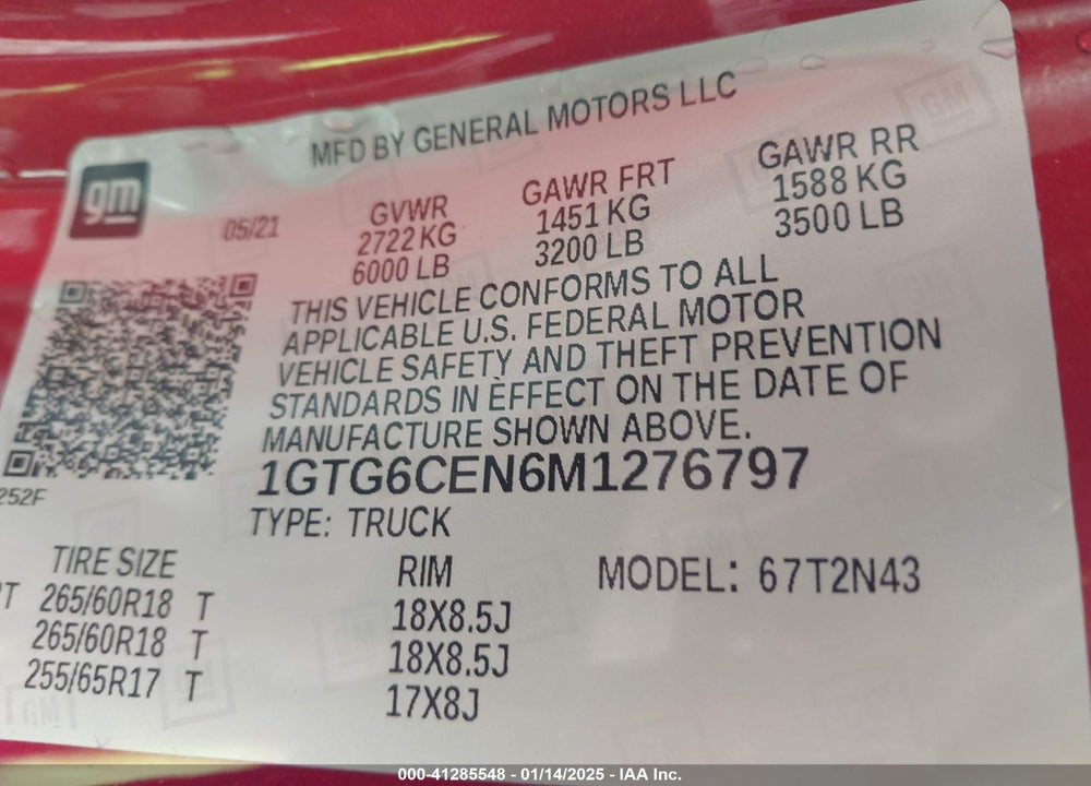 2021 GMC CANYON VIN: 1GTG6CEN6M1276797