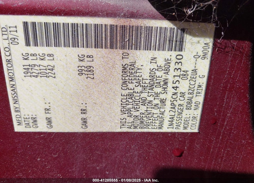 2012 NISSAN ALTIMA VIN: 1N4AL2AP5CN451330