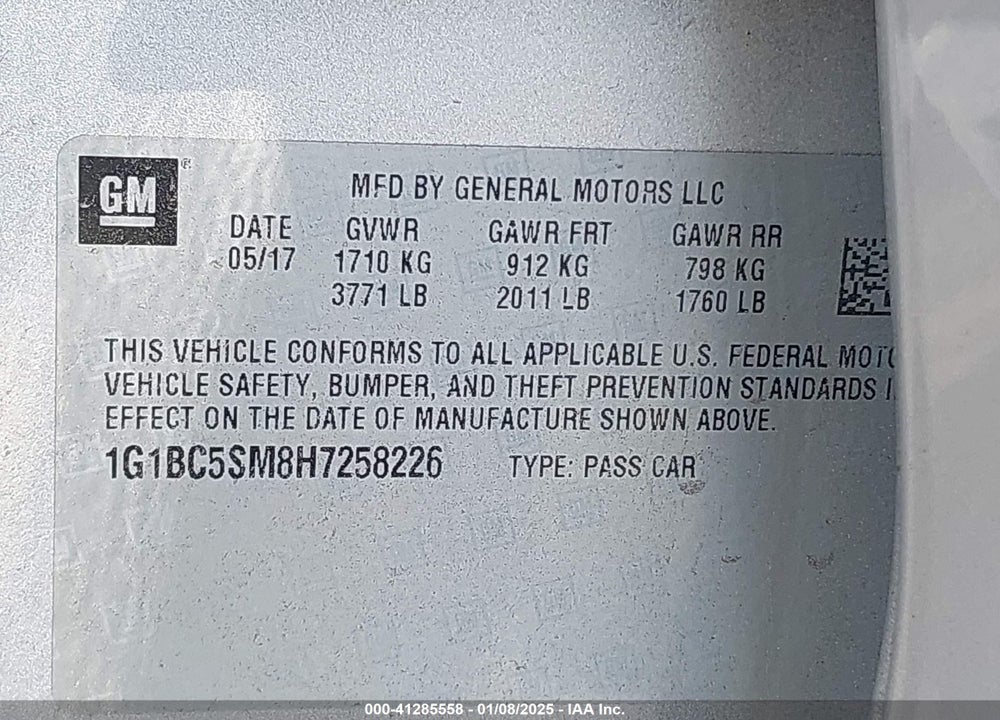 2017 CHEVROLET CRUZE LS AUTO VIN: 1G1BC5SM8H7258226