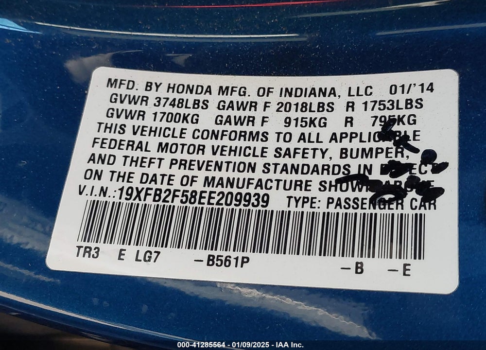2014 HONDA CIVIC VIN: 19XFB2F58EE209939