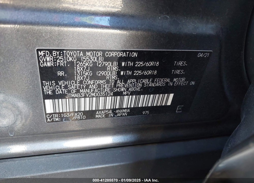 2021 TOYOTA RAV4 PRIME SE VIN: JTMAB3FV2MD035124