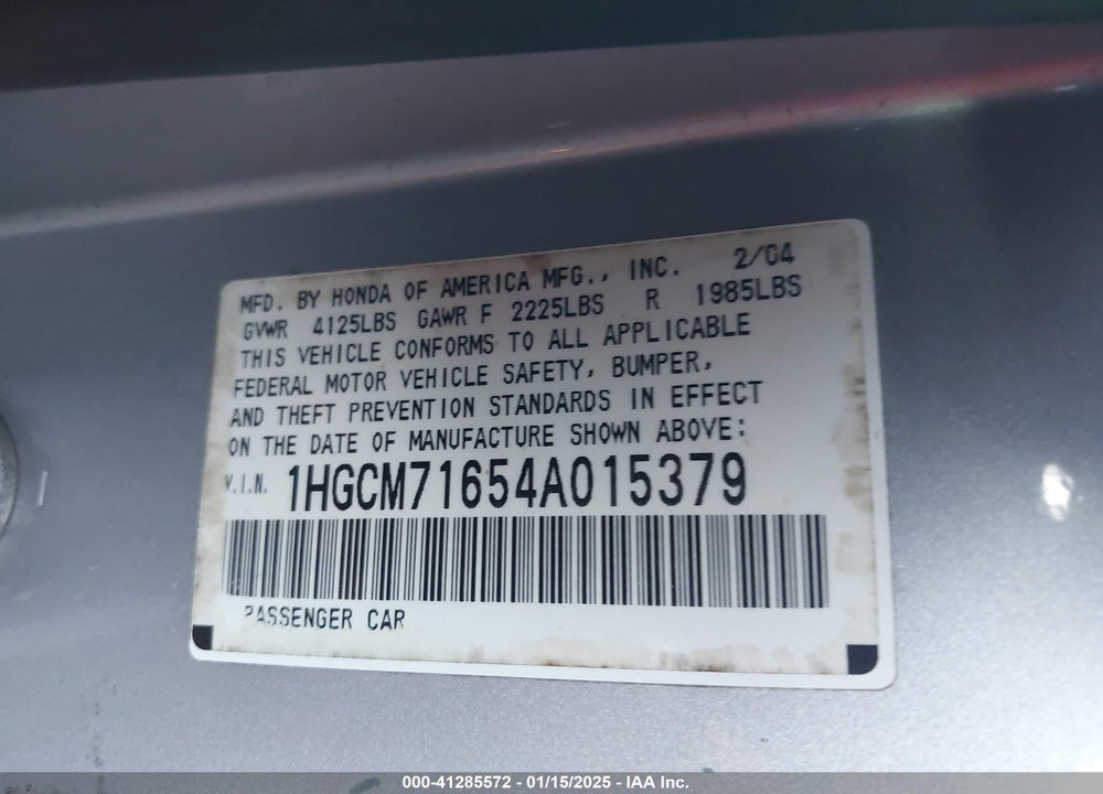 2004 HONDA ACCORD 2.4 EX VIN: 1HGCM71654A015379