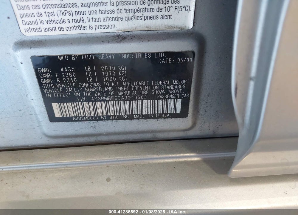 2010 SUBARU LEGACY 2.5I PREMIUM VIN: 4S3BMBE63A3210503