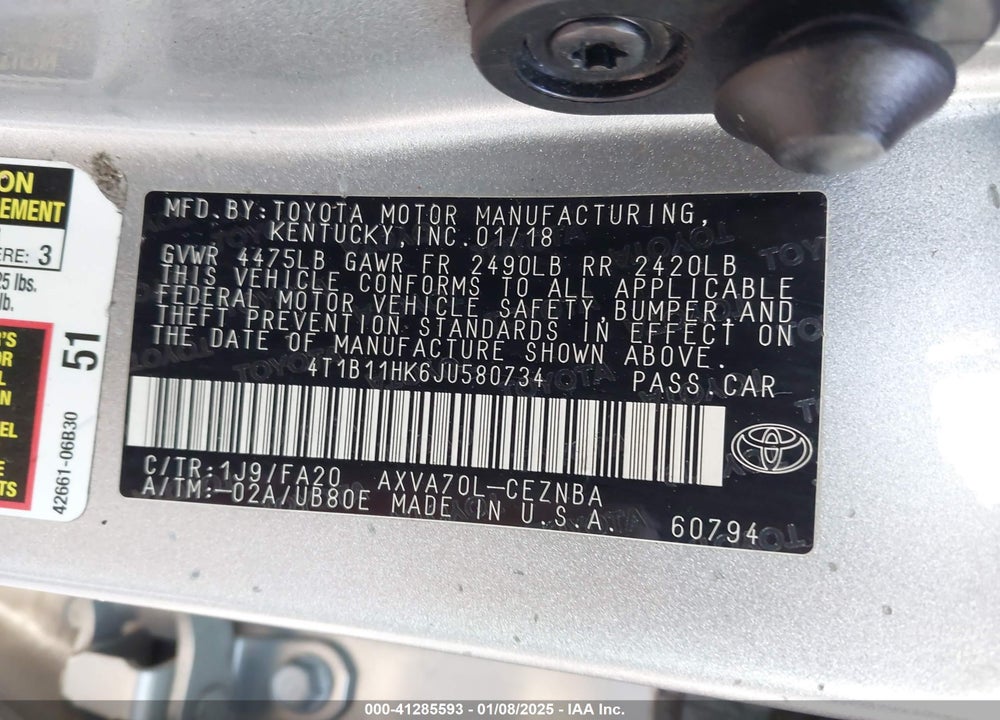 2018 TOYOTA CAMRY VIN: 4T1B11HK6JU580734
