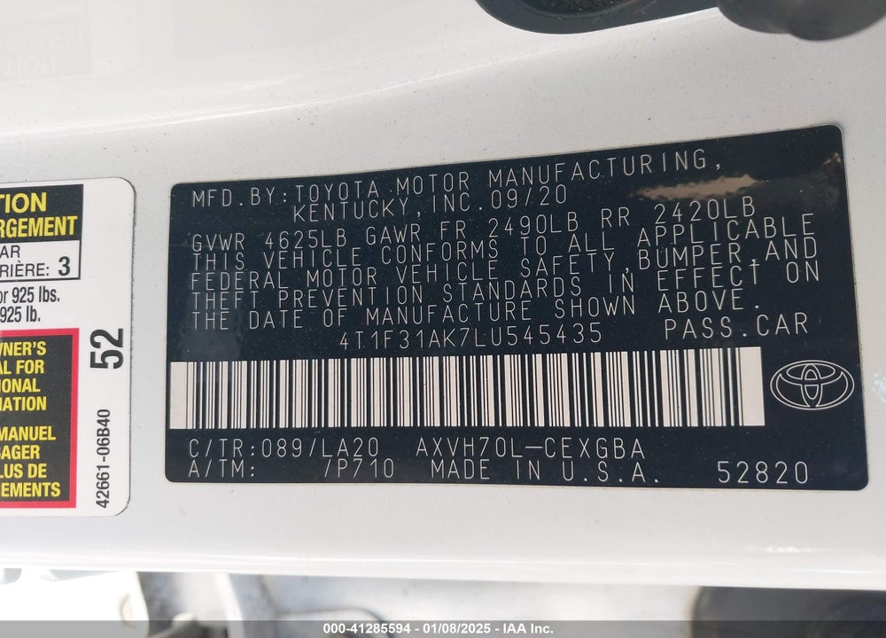 2020 TOYOTA CAMRY VIN: 4T1F31AK7LU545435