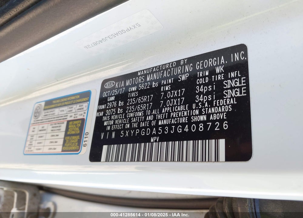 2018 KIA SORENTO 3.3L LX VIN: 5XYPGDA53JG408726