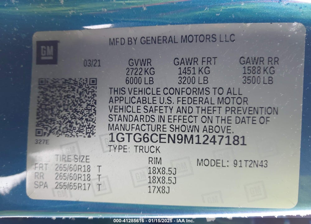 2021 GMC CANYON VIN: 1GTG6CEN9M1247181