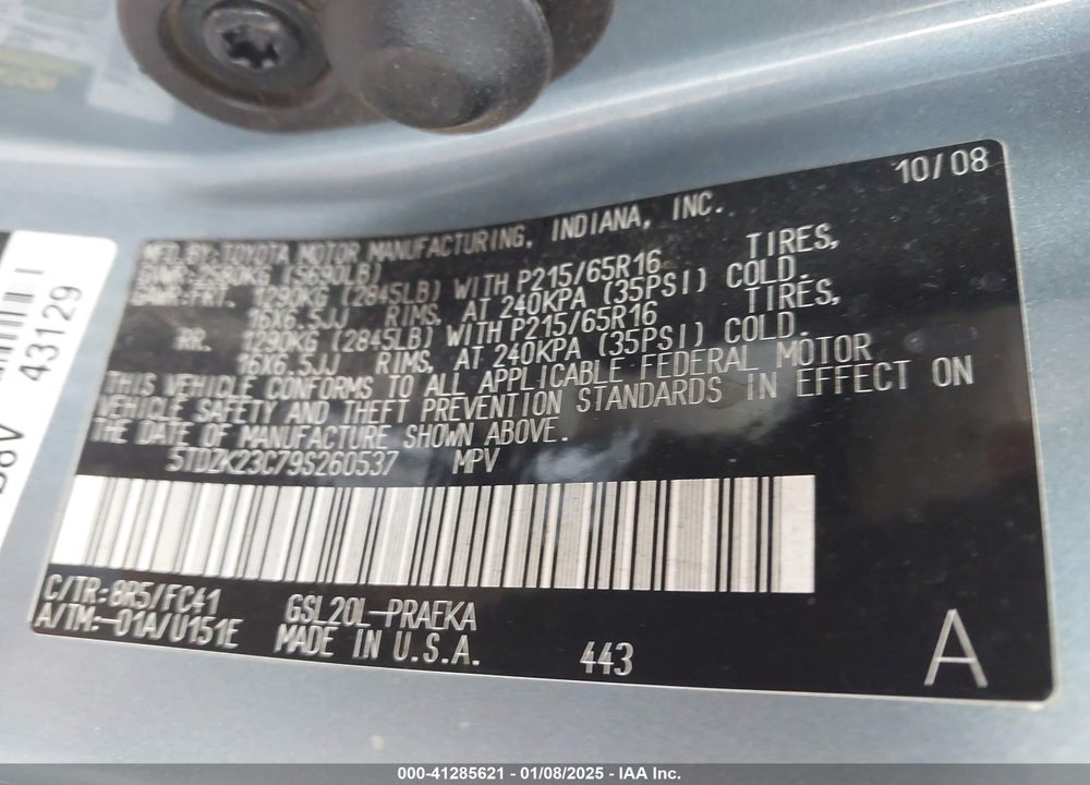 2009 TOYOTA SIENNA VIN: 5TDZK23C79S260537