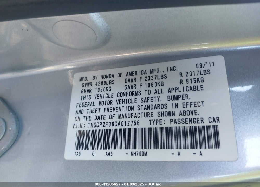 2012 HONDA ACCORD 2.4 LX VIN: 1HGCP2F36CA012756