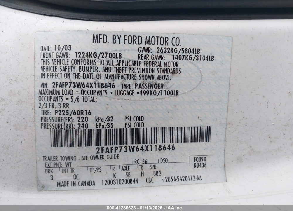 2004 FORD CROWN VICTORIA STANDARD VIN: 2FAFP73W64X118646