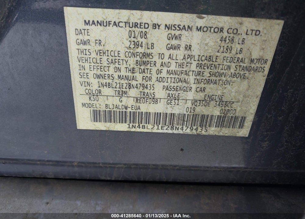 2008 NISSAN ALTIMA 3.5 SE VIN: 1N4BL21E28N479435