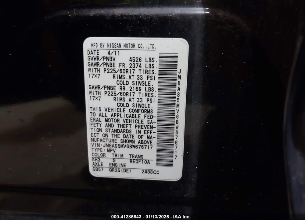 2011 NISSAN ROGUE SV VIN: JN8AS5MV6BW676717