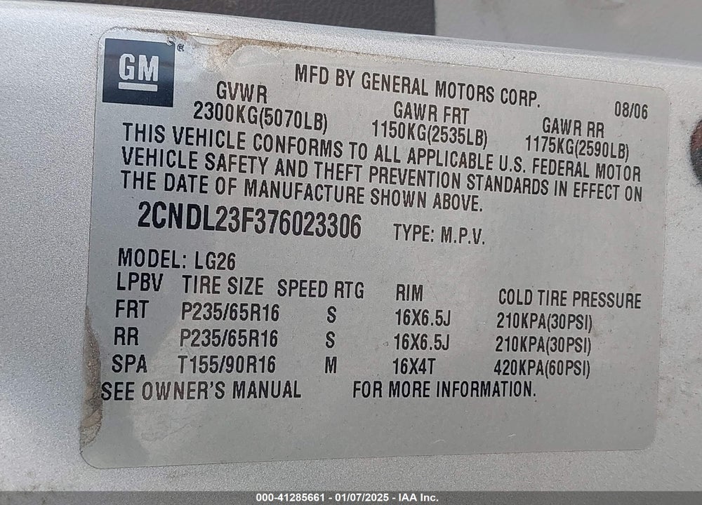 2007 CHEVROLET EQUINOX LS VIN: 2CNDL23F376023306