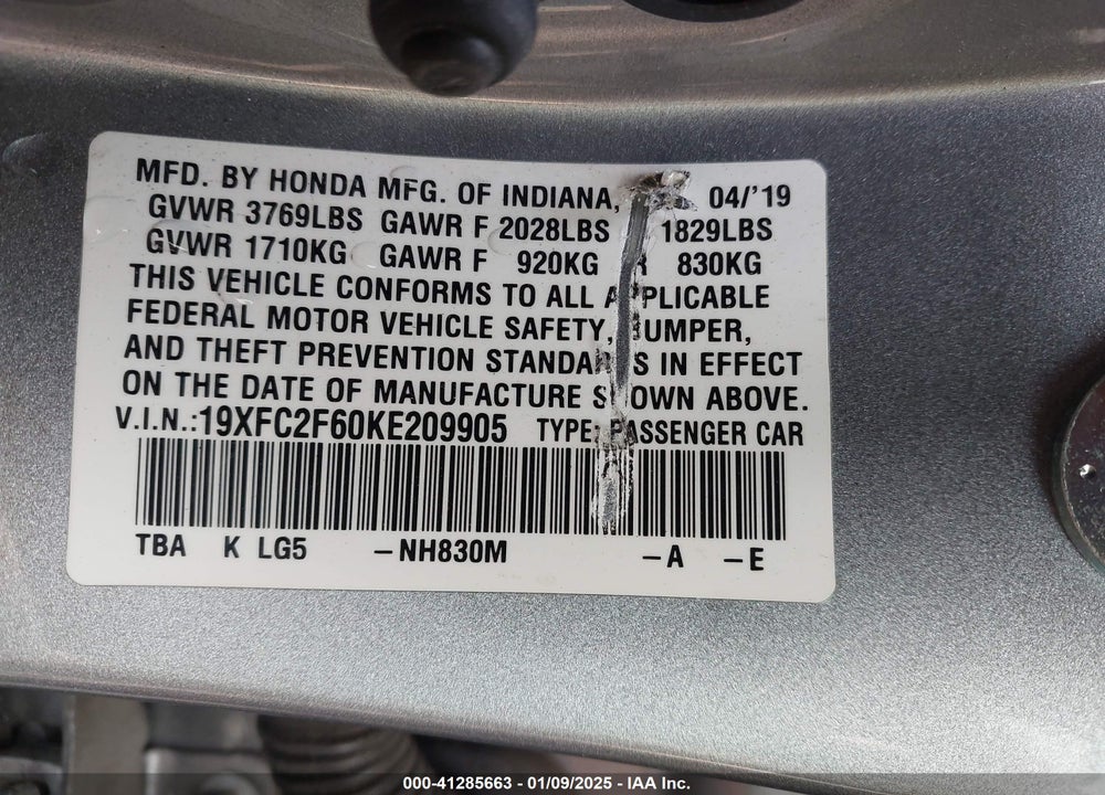 2019 HONDA CIVIC LX VIN: 19XFC2F60KE209905