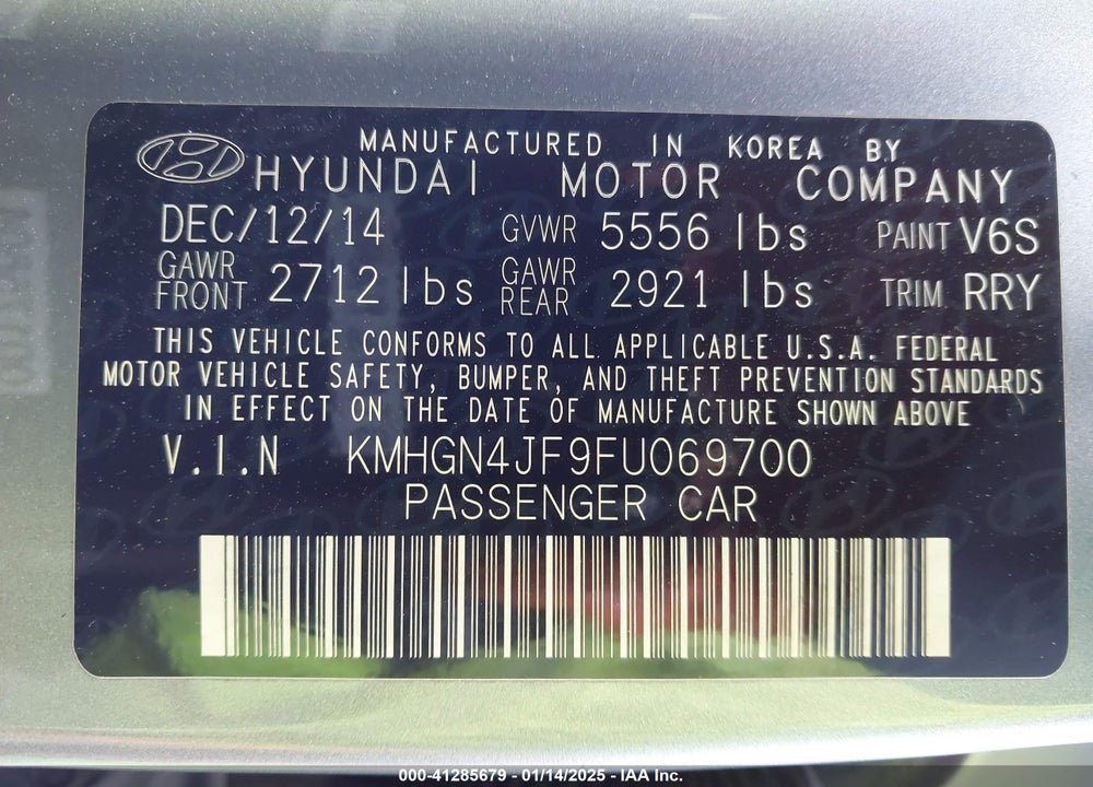 2015 HYUNDAI GENESIS 5.0 VIN: KMHGN4JF9FU069700