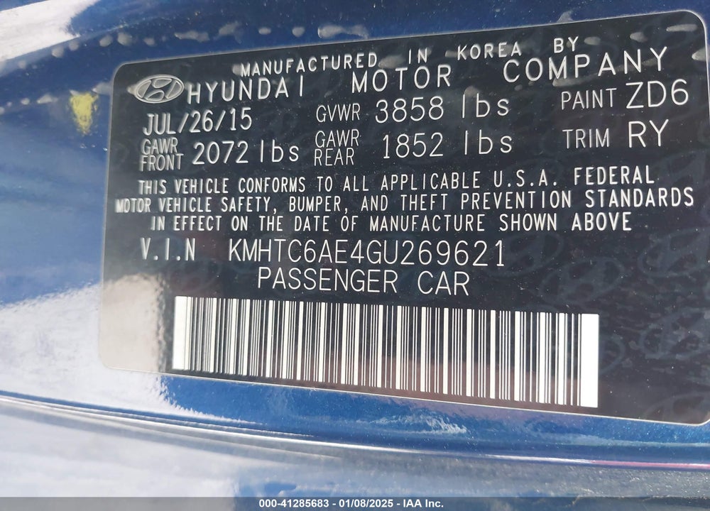 2016 HYUNDAI VELOSTER VIN: KMHTC6AE4GU269621