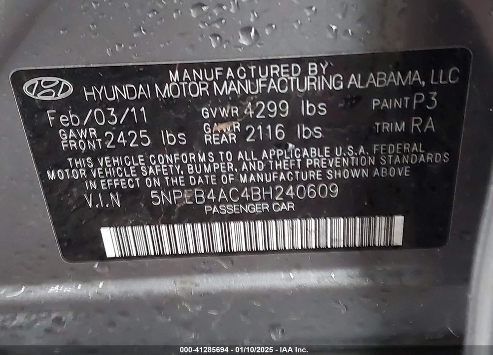 2011 HYUNDAI SONATA VIN: 5NPEB4AC4BH240609