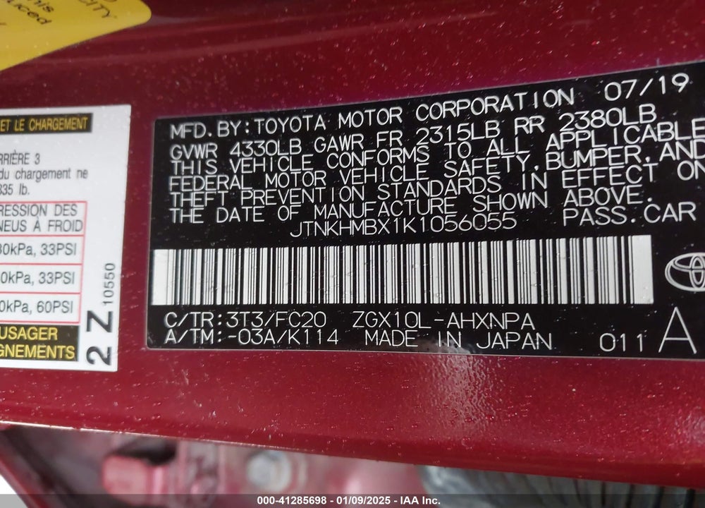 2019 TOYOTA C-HR LE VIN: JTNKHMBX1K1056055