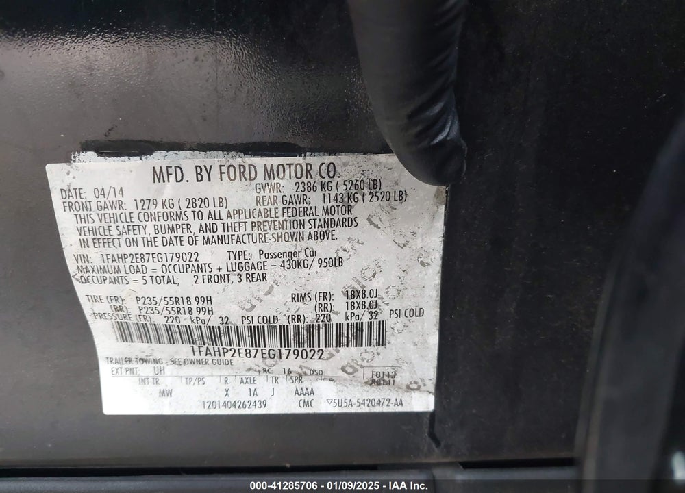 2014 FORD TAURUS SEL VIN: 1FAHP2E87EG179022