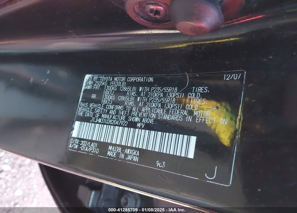 2008 LEXUS RX 400H VIN: JTJHW31U282047922