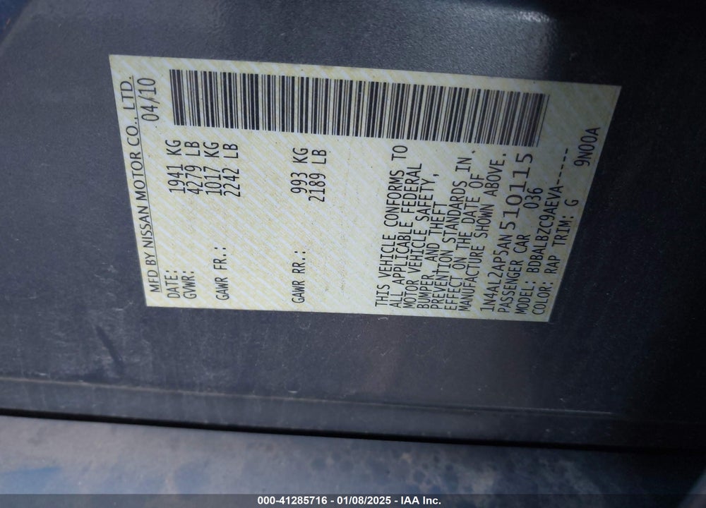 2010 NISSAN ALTIMA 2.5 S VIN: 1N4AL2AP5AN510115