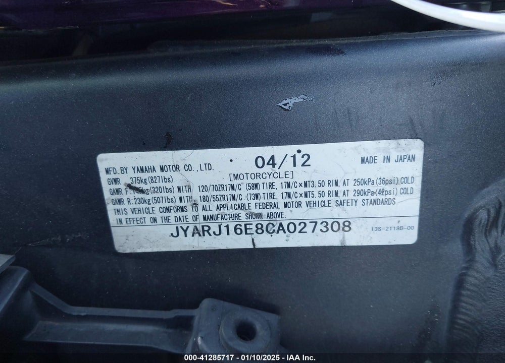 2012 YAMAHA YZFR6 VIN: JYARJ16E8CA027308