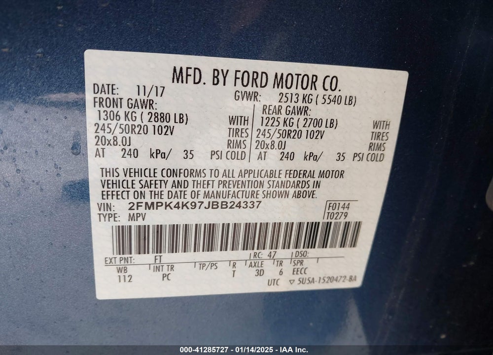 2018 FORD EDGE TITANIUM VIN: 2FMPK4K97JBB24337
