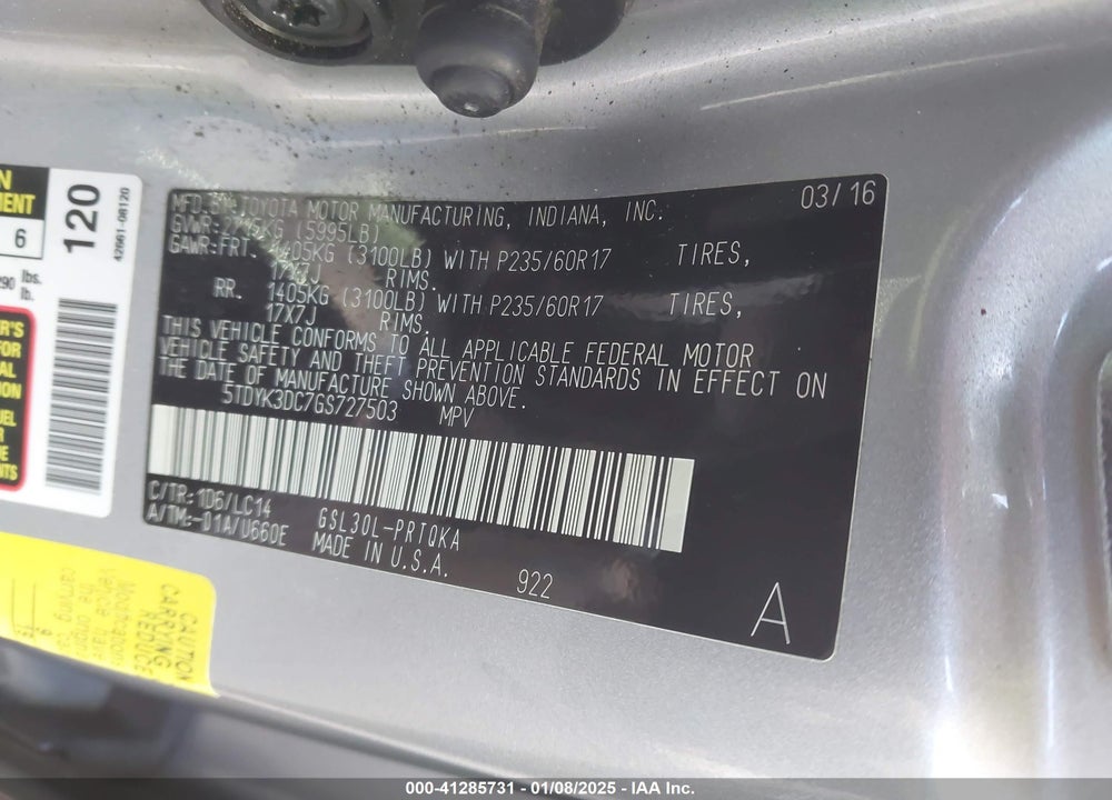 2016 TOYOTA SIENNA XLE LIMITED VIN: 5TDYK3DC7GS727503