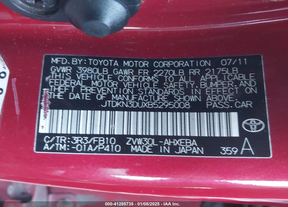 2011 TOYOTA PRIUS VIN: JTDKN3DUXB5295008