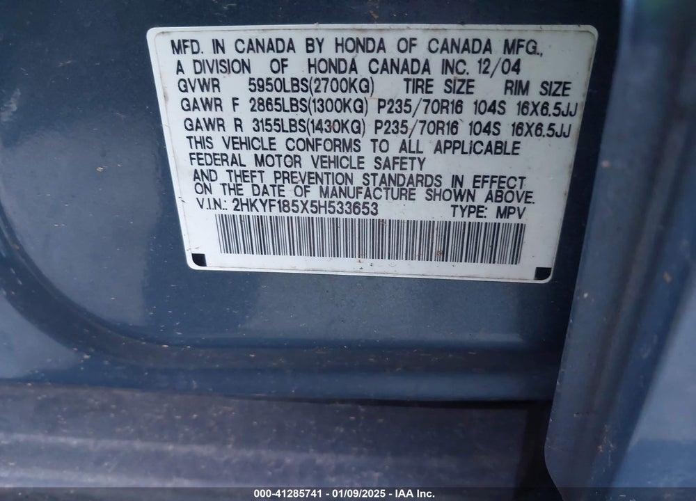 2005 HONDA PILOT EX-L VIN: 2HKYF185X5H533653