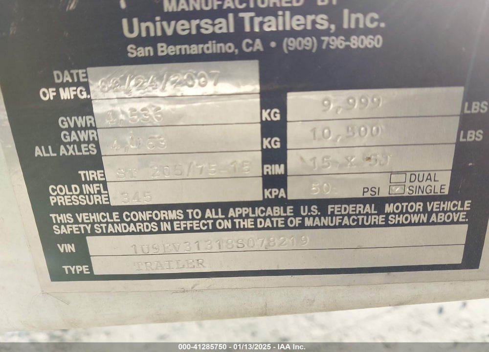 2008 UNIVERSAL TRAILERS INC VIN: 1U9EV31318S078219