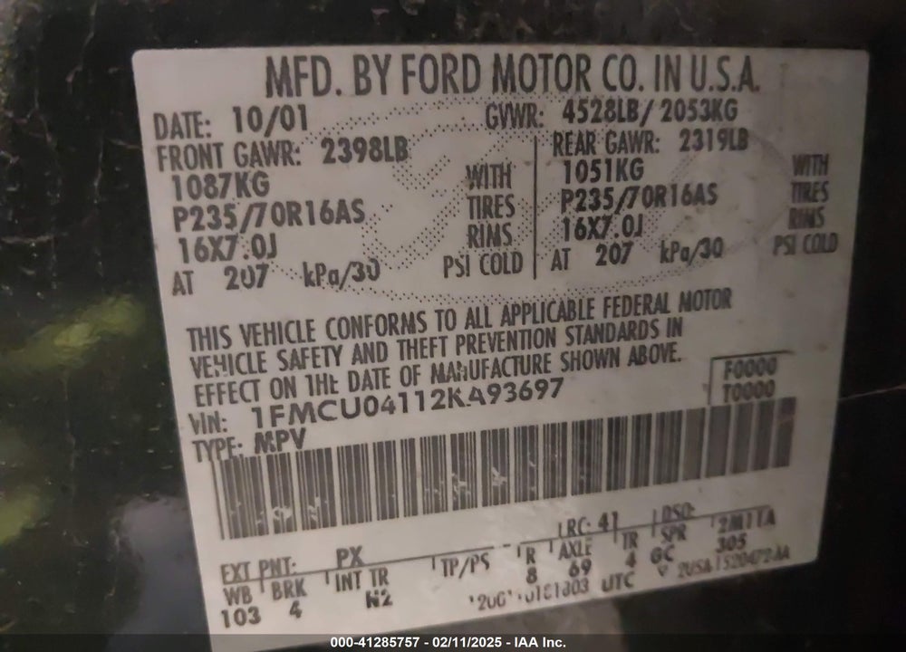 2002 FORD ESCAPE XLT VIN: 1FMCU04112KA93697
