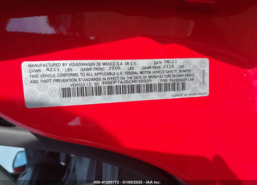 2012 VOLKSWAGEN JETTA 2.5L SE VIN: 3VWDP7AJ5CM030025