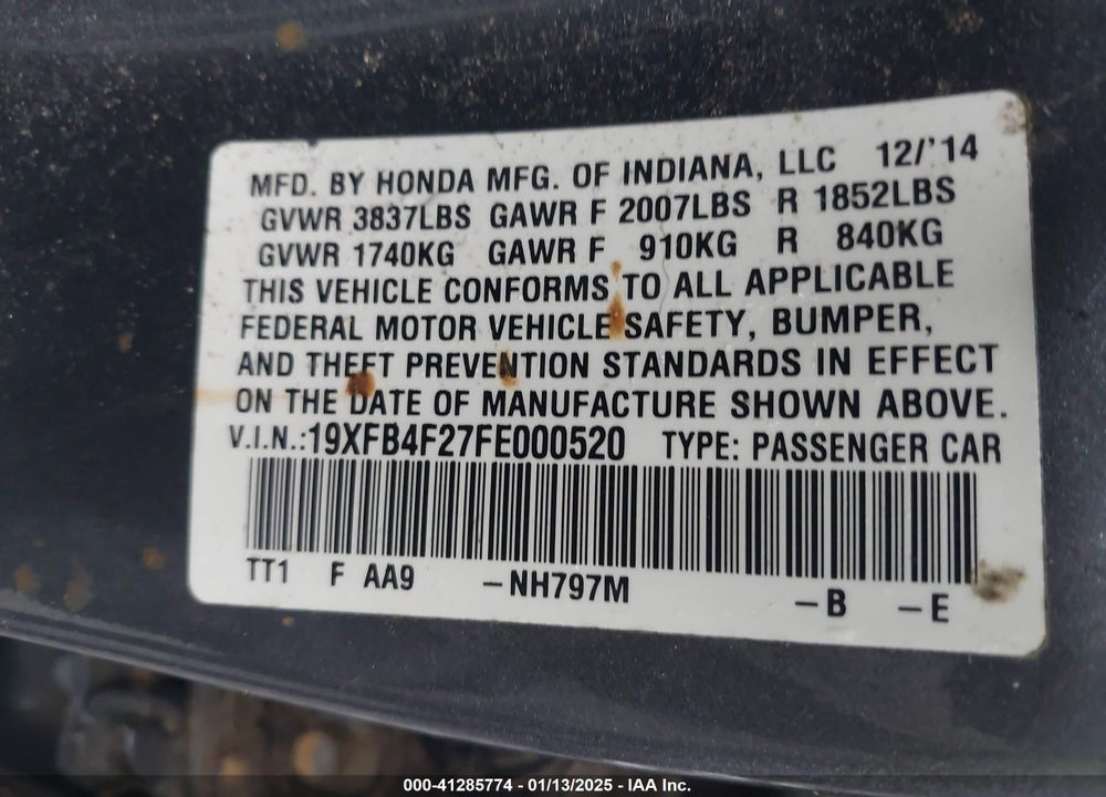 2015 HONDA CIVIC HYBRID VIN: 19XFB4F27FE000520