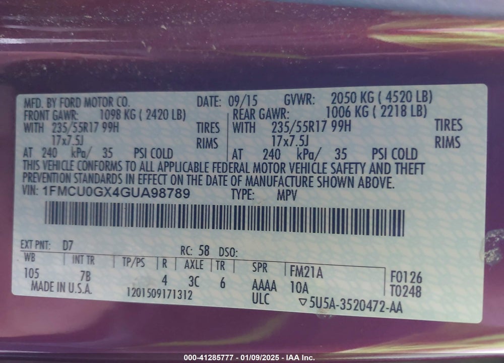 2016 FORD ESCAPE SE VIN: 1FMCU0GX4GUA98789