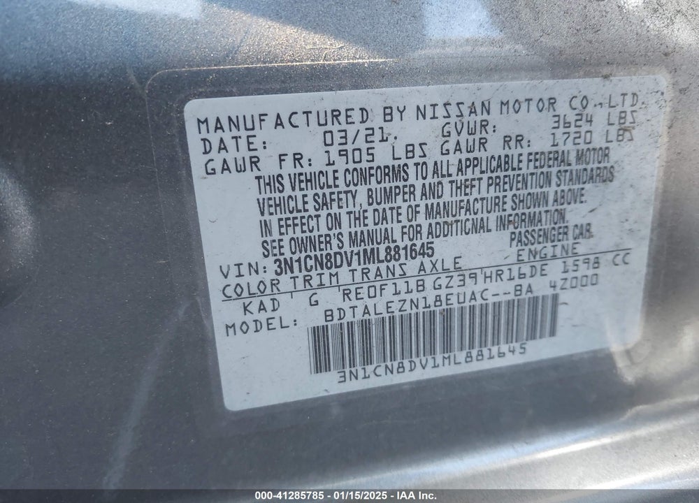 2021 NISSAN VERSA VIN: 3N1CN8DV1ML881645