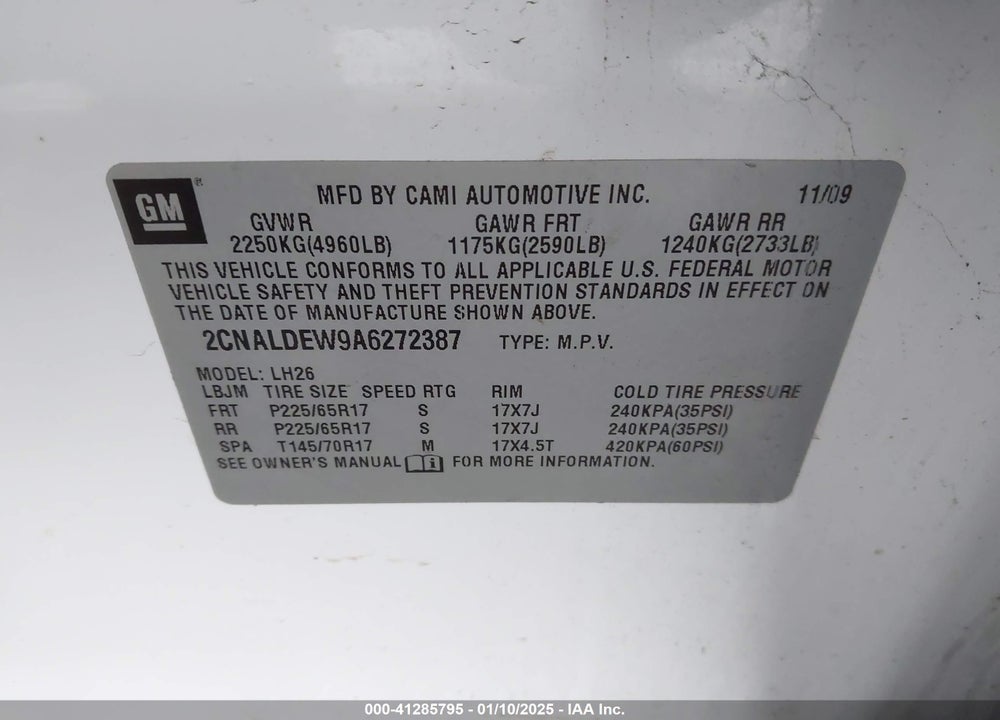 2010 CHEVROLET EQUINOX LT VIN: 2CNALDEW9A6272387