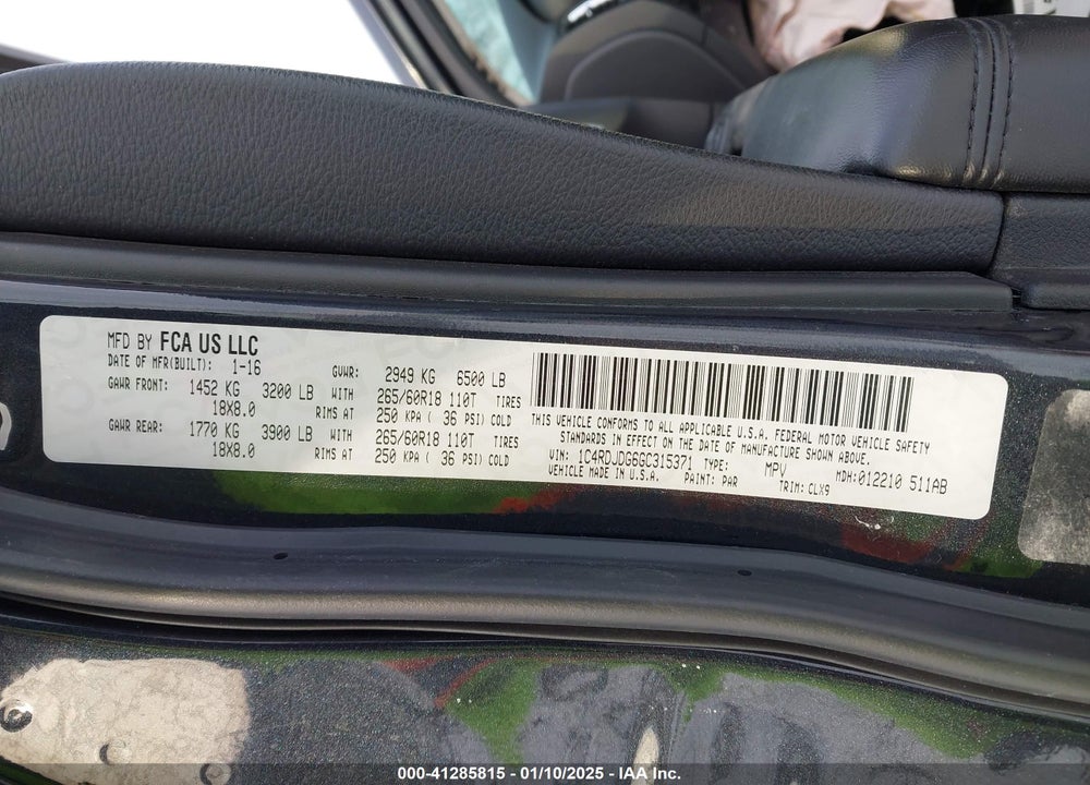 2016 DODGE DURANGO LIMITED VIN: 1C4RDJDG6GC315371