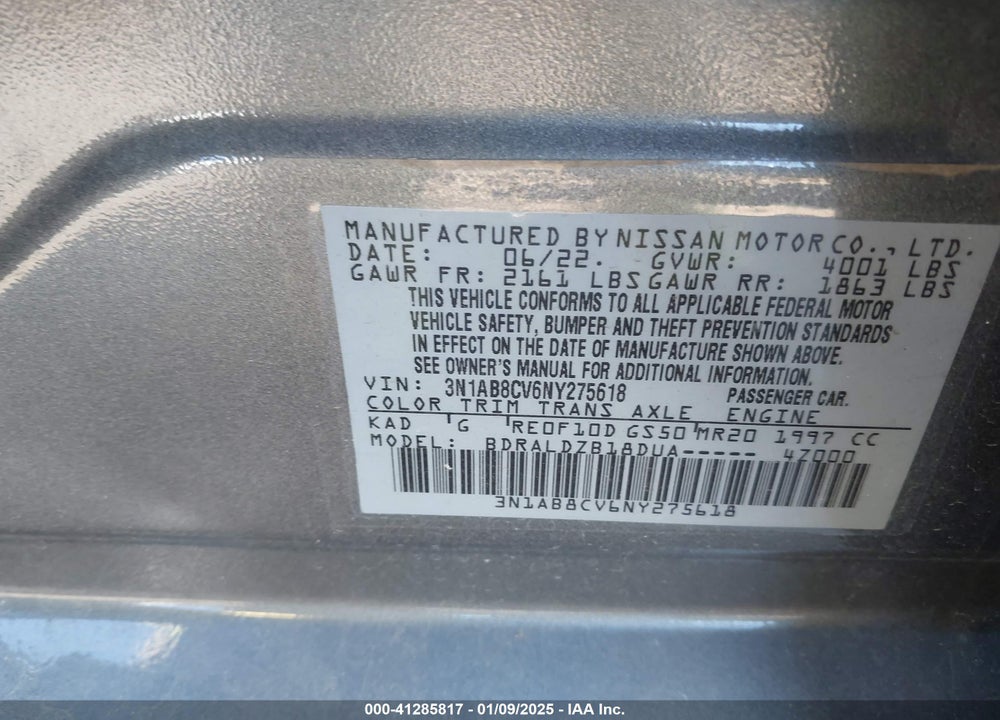 2022 NISSAN SENTRA VIN: 3N1AB8CV6NY275618