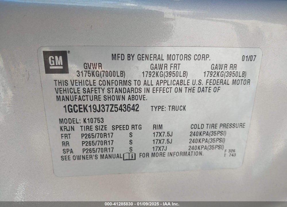2007 CHEVROLET SILVERADO 1500 LTZ VIN: 1GCEK19J37Z543642
